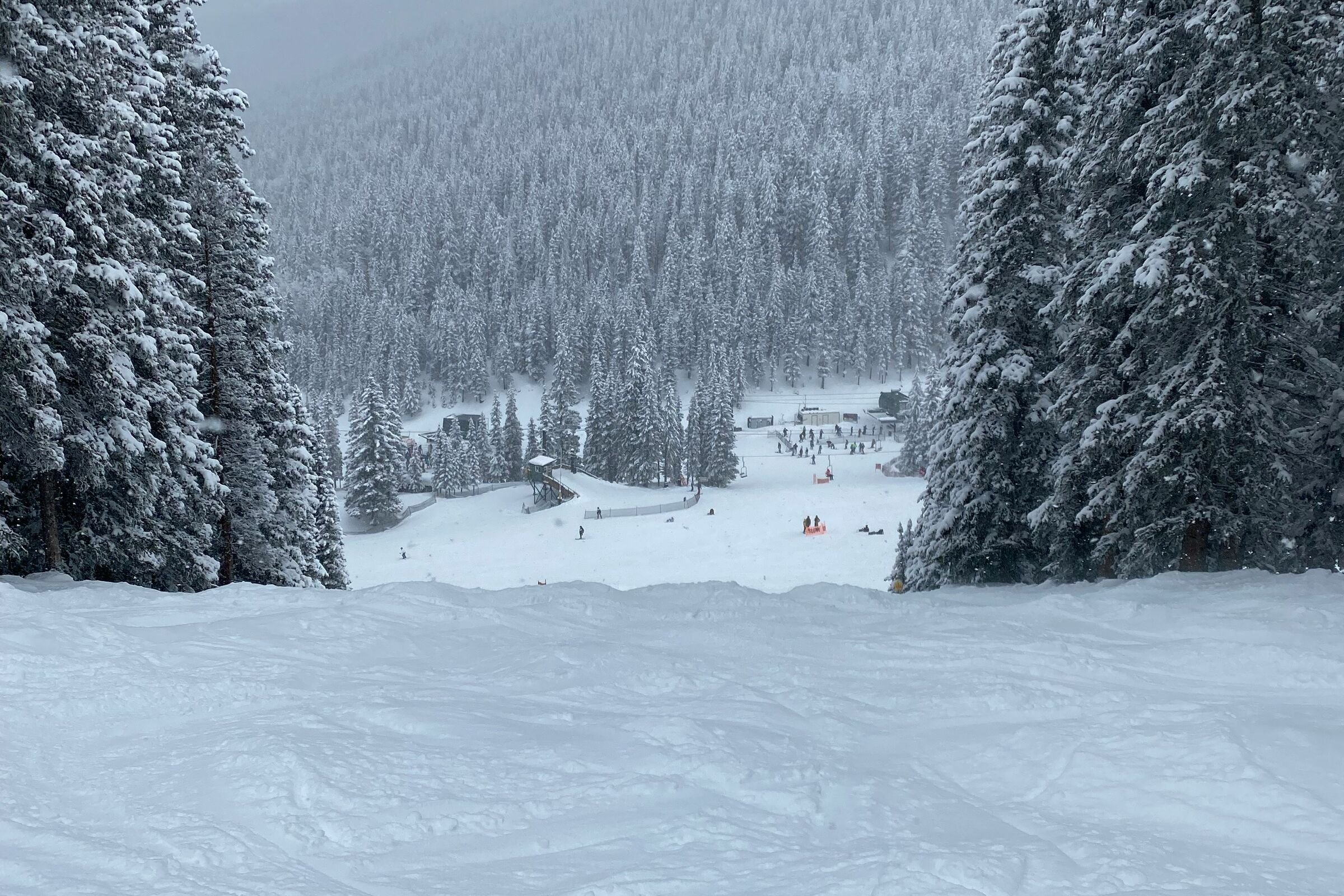 Looking down a snowy run at Ski Santa Fe, between firs heavy with snow, to the base area and its skiers.
